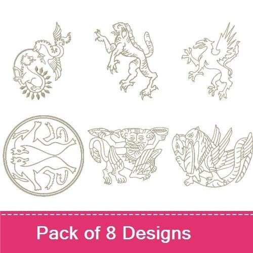 Redwork Medieval Mythical Creatures Embroidery Designs Bundle – Griffin, Dragon, Unicorn, & More (8 Designs)