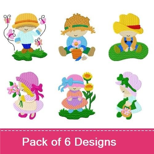 Kids in the Garden Embroidery Designs Bundle – Boy in Straw Hat with Butterflies, Girl with Pink Hat & More (6 Designs)