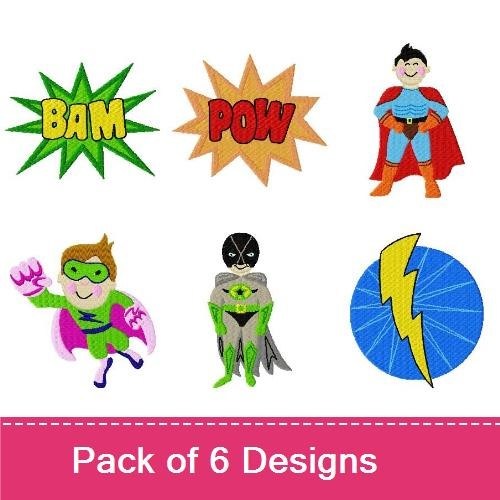 Superhero Embroidery Designs Bundle – BAM Text, POW Text, Superhero Character & More (6 Designs)