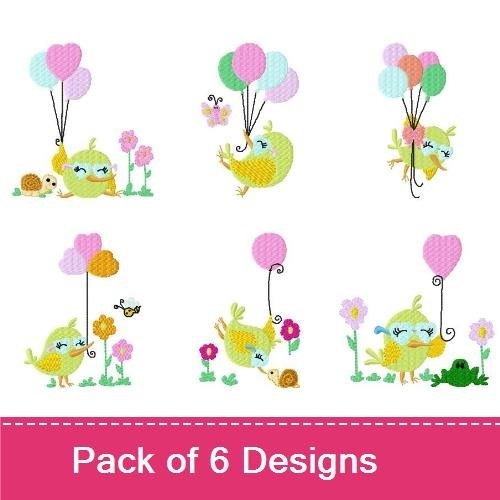 Cute Bird Embroidery Designs Bundle – Bird with Balloons, Bird and Snail, Bird Holding Balloons & More (6 Designs)