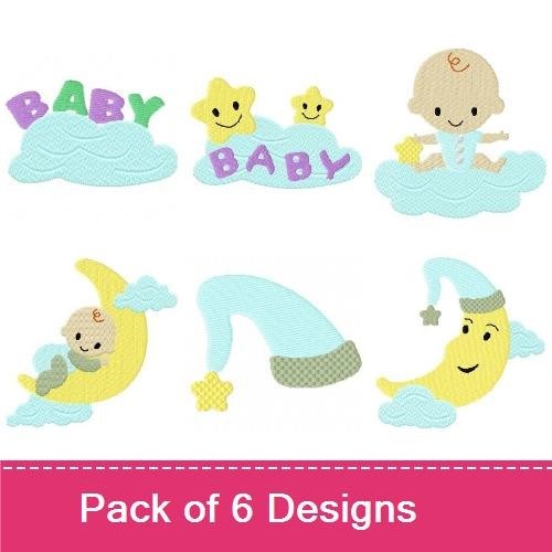Applique Baby-Themed Embroidery Bundle – Baby Hat, Smiling Moon, Cloud with Star & More (6 Designs)