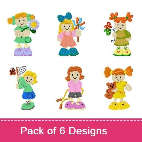 Playful Girls Activities Embroidery Designs Bundle – Girl with Flower, Girl Holding a Balloon, Girl with a Butterfly Net & More (6 Designs)