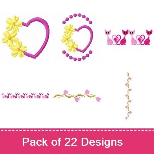 Hearts & Cats Embroidery Designs Bundle – Floral Heart, Pink Cat with Heart, Two Cats with Hearts & More (22 Designs)