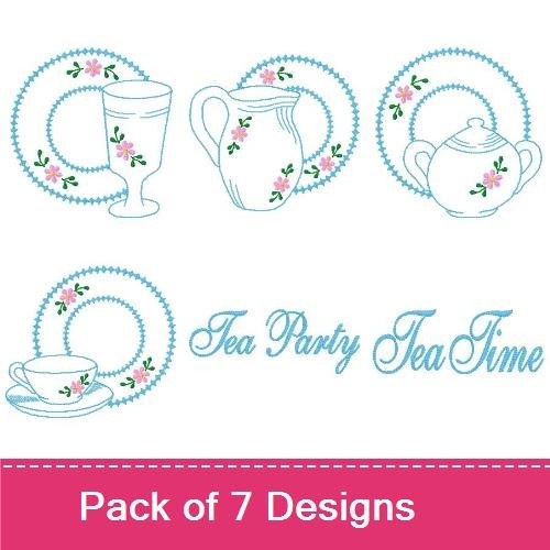 Vintage Tea Set Embroidery Designs Bundle – Teacup & Saucer, Teapot, Creamer & More (7 Designs)
