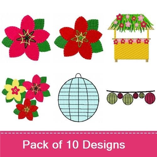Tropical Flowers Embroidery Designs Bundle – Hibiscus Flower, Plumeria Flower, Tropical Hut & More (10 Designs)