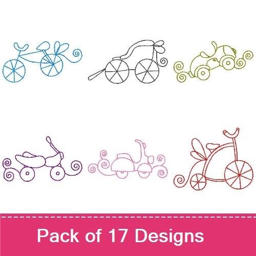Whimsical Vehicles Embroidery Designs Bundle – Bicycle, Buggy, Motorcycle & More (17 Designs)