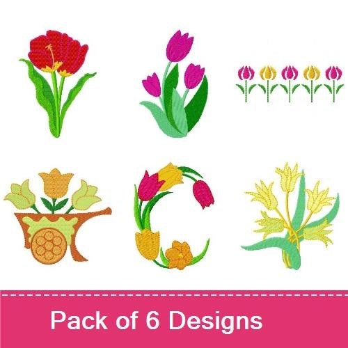 Tulip Embroidery Designs Bundle – Red Tulip, Pink Tulip, Tulip Bouquet & More (6 Designs)