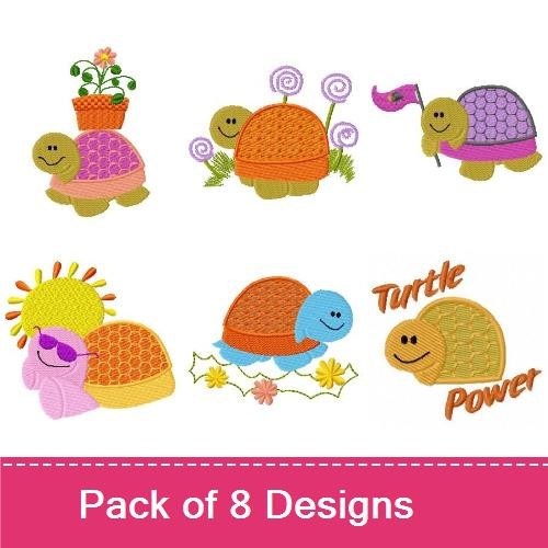 Cute Turtle Embroidery Bundle – Happy Turtle with Flower, Smiling Turtle, Turtle with Flowers & More (8 Designs)