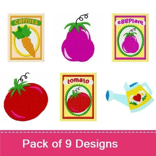 Garden Vegetables & Tools Embroidery Designs Bundle – Watering Can, Carrot Label, Eggplant Label & More (9 Designs)