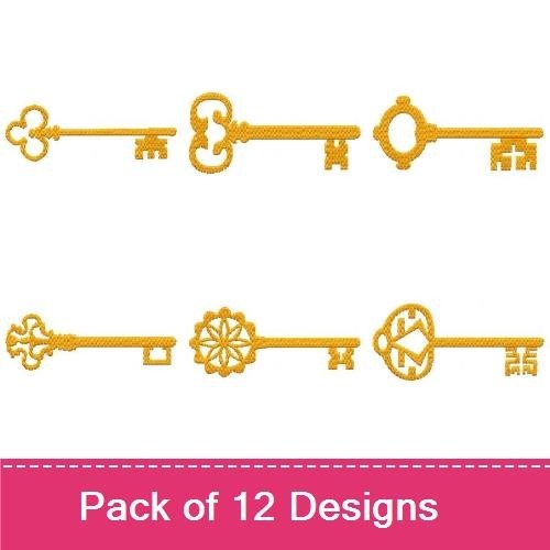Skeleton Keys Embroidery Designs Bundle – Ornate Handle, Tall Key, Decorative Key & More (12 Designs)