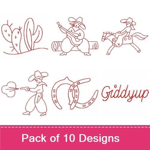 Redwork Cowboy Embroidery Designs Bundle – Cowboy with Guitar, Cactus, Giddyup & More (10 Designs)