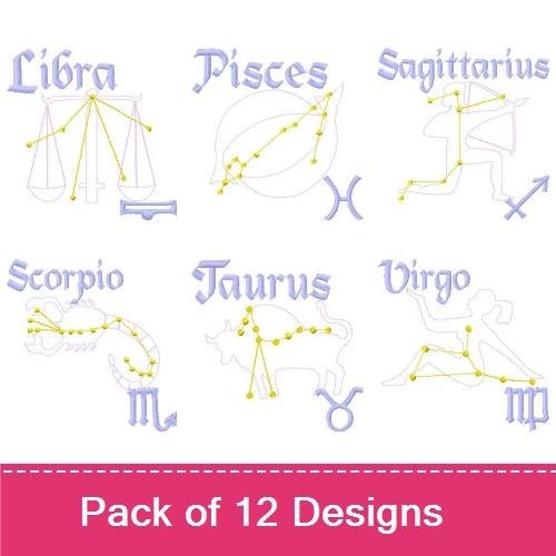 Zodiac Constellations Embroidery Designs Bundle – Aquarius, Aries, Cancer, & More (12 Designs)