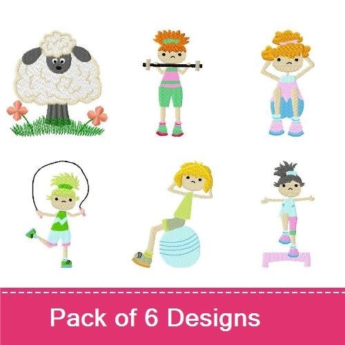 Active Kids & Sheep Embroidery Designs Bundle – Cute Sheep, Girl with Exercise Ball, Boy Exercising & More (6 Designs)