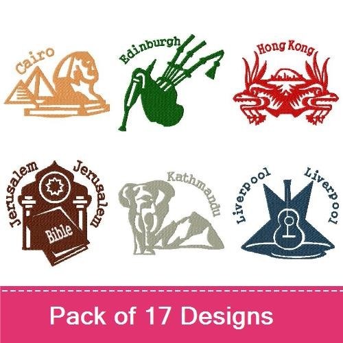 World Cities Icons Embroidery Designs Bundle – Cairo Pyramid, Edinburgh Bagpipes, Hong Kong Dragon & More (17 Designs)
