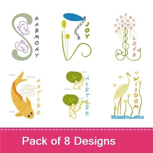 Nature & Positivity Embroidery Designs Bundle – Peacock with Beauty, Lotus Flower, Koi Fish & More (8 Designs)