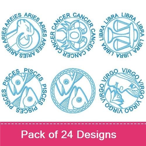 Zodiac Signs Embroidery Designs Bundle – Aquarius, Aries, Cancer, Pisces & More (24 Designs)