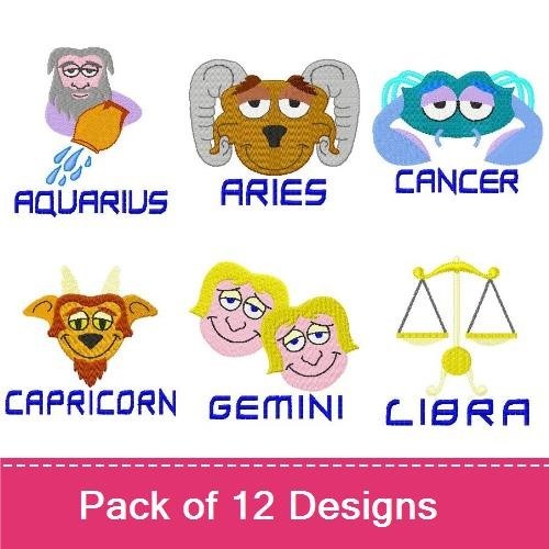 Zodiac Signs Embroidery Bundle – Aquarius, Aries, Cancer, Capricorn & More (12 Designs)