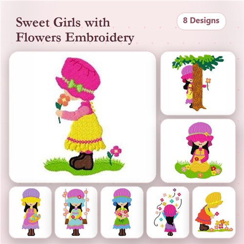 Sweet Girls with Flowers Embroidery Designs Bundle – Girl with Flower, Girl Under Tree, Girl Dancing with Flowers & More (8 Designs)