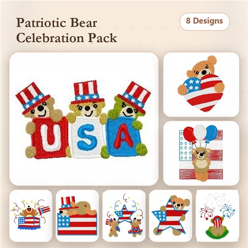 Patriotic Bears Embroidery Bundle – USA Bears, Bear with Heart, Bear with Flag & More (8 Designs)