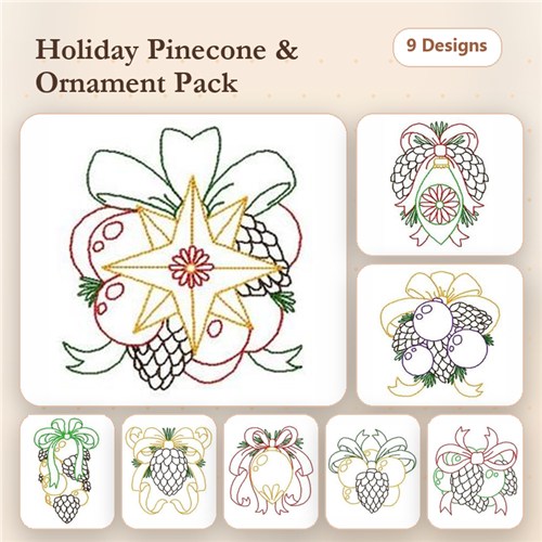 Redwork Holiday Ornaments Embroidery Designs Bundle – Pinecone, Star, Grapes & More (9 Designs)