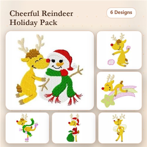 Cheerful Reindeer Holiday Embroidery Designs Bundle – Reindeer with Snowman, Reindeer with Gift Bag, & More (6 Designs)
