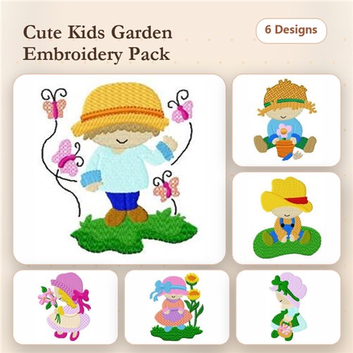 Kids in the Garden Embroidery Designs Bundle – Boy in Straw Hat with Butterflies, Girl with Pink Hat & More (6 Designs)