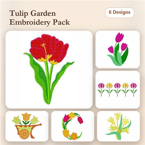 Tulip Embroidery Designs Bundle – Red Tulip, Pink Tulip, Tulip Bouquet & More (6 Designs)