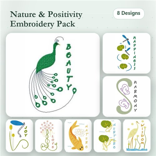 Nature & Positivity Embroidery Designs Bundle – Peacock with Beauty, Lotus Flower, Koi Fish & More (8 Designs)