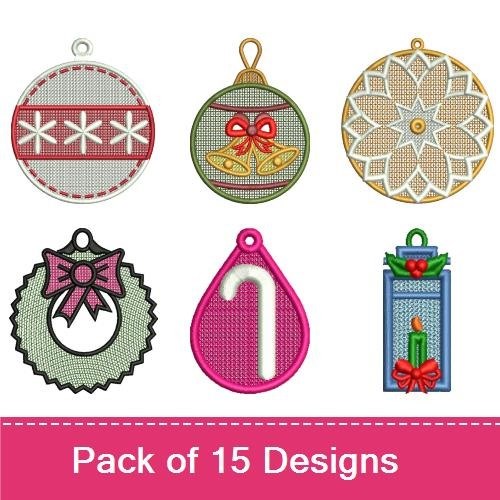 FSL Holiday Ornament Embroidery Designs Bundle – Holly Candle, Star, Bell & More (15 Designs)