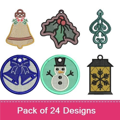 FSL Festive Holiday Ornaments Embroidery Designs Bundle – Snowflake, Christmas Tree, Bell & More (24 Designs)