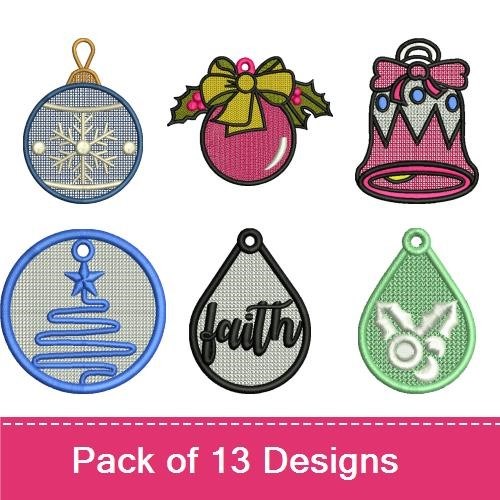 FSL Festive Holiday Ornaments Embroidery Designs Bundle – Snowflake, Wreath, Bell & More (13 Designs)