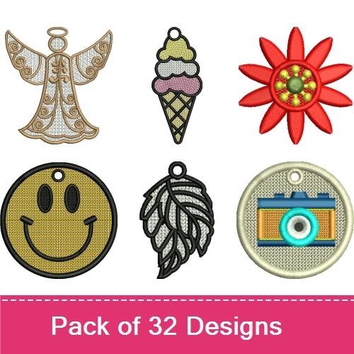 FSL Lace Charms Embroidery Designs Bundle – Angel, Ice Cream Cone, Soccer Ball & More (32 Designs)