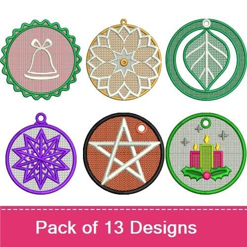 FSL Holiday Ornaments Embroidery Designs Bundle – Snowflake, Bell, Santa & More (13 Designs)