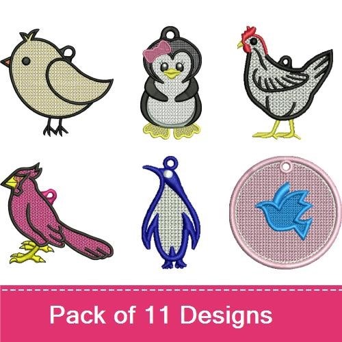 FSL Bird Ornaments Embroidery Designs Bundle – Chicken, Penguin, Cardinal & More (11 Designs)