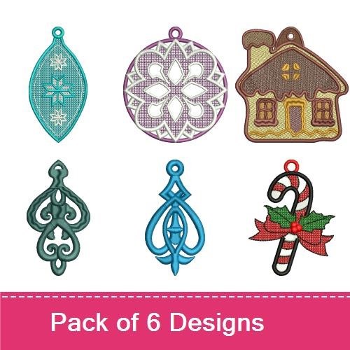 FSL Festive Holiday Ornaments Embroidery Designs Bundle – Candy Cane, Snowflake, House & More (6 Designs)