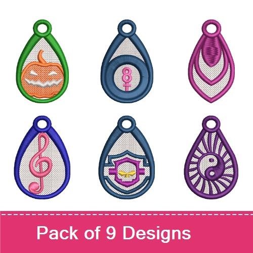 FSL Teardrop Charms Embroidery Designs Bundle – Pumpkin, Music Note, Heart, Dog Silhouette & More (9 Designs)