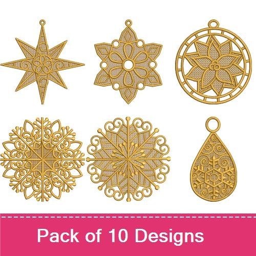 FSL Gold Snowflake Ornament Embroidery Designs Bundle – Snowflake Ornament 1, Star Ornament, Round Ornament & More (10 Designs)