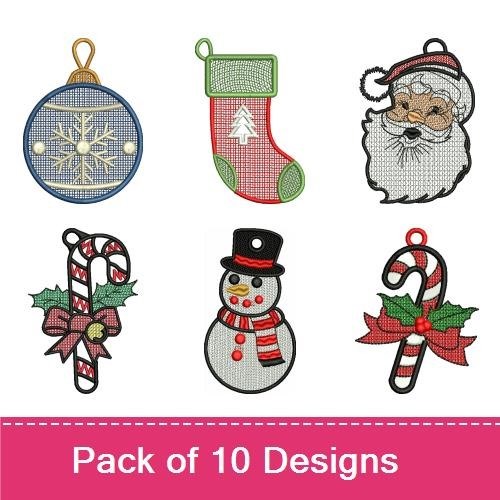 FSL Festive Christmas Ornaments Embroidery Designs Bundle – Snowflake, Stocking, Santa Claus & More (10 Designs)