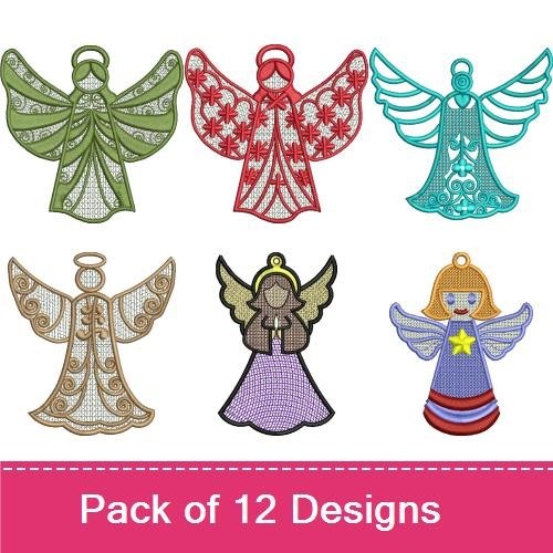 FSL Elegant Angel Embroidery Bundle – Angel Ornament in Brown, Green, Red & More (12 Designs)