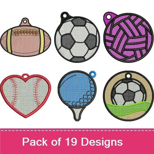 FSL Sports Balls Charms Embroidery Designs Bundle – Baseball, Football, Soccer Ball, Basketball & More (19 Designs)