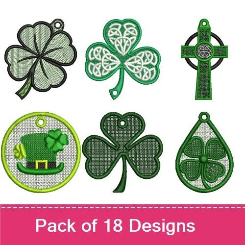 FSL St. Patrick's Day Shamrocks Embroidery Designs Bundle – Shamrock Ornament, Top Hat Ornament & More (18 Designs)
