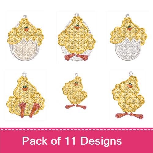 FSL Easter Chick Embroidery Designs Bundle – Chick in Egg Ornament, Chick with Cupcake, & More (11 Designs)