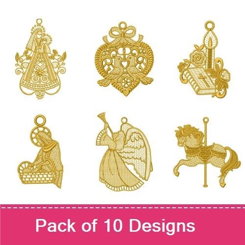 FSL Elegant Religious Lace Embroidery Bundle – Angel with Trumpet, Heart Ornament, Butterfly Ornament & More (10 Designs)