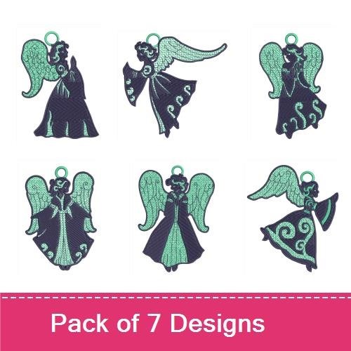 FSL Angel Silhouettes Embroidery Designs Bundle – Elegant Angel with Flower, Angel Holding a Staff, & More (7 Designs)