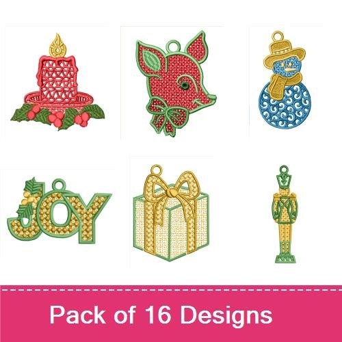 FSL Christmas Ornament Embroidery Designs Bundle – Peace Ornament, Christmas Candle, Angel Ornament & More (16 Designs)