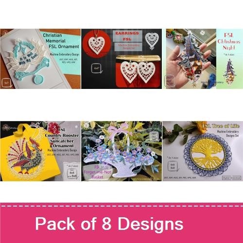 FSL Elegant Lace Ornaments Embroidery Designs Bundle – Ornament with Wings, Heart Ornament, Lace Star Ornament & More (8 Designs)