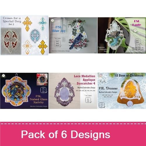 FSL Religious & Nature Embroidery Designs Bundle – Stained Glass Nativity, Blue Jay, Ornament & More (6 Designs)