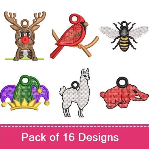 FSL Animal Charms Embroidery Designs Bundle – Reindeer, Cardinal, Bee, Rabbit & More (16 Designs)