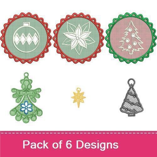 FSL Christmas Ornament Embroidery Designs Bundle – Zigzag Pattern, Flower Ornament, Star & More (6 Designs)