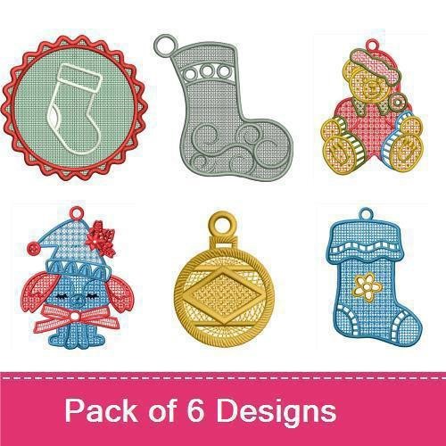 FSL Christmas Stockings Embroidery Designs Bundle – Christmas Stocking Ornament, Teddy Bear Ornament, Christmas Bauble & More (6 Designs)